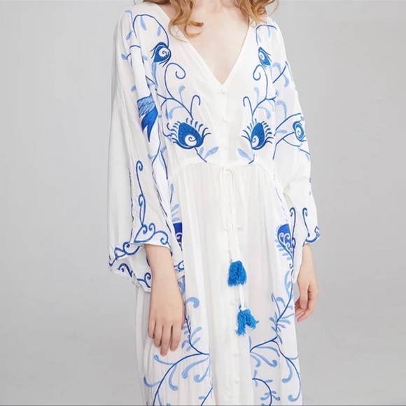 5 Star⭐️Fav Blue Bird Boho Embroidered Hearts Magic Kimono Long Maxi - Picture 5 of 9